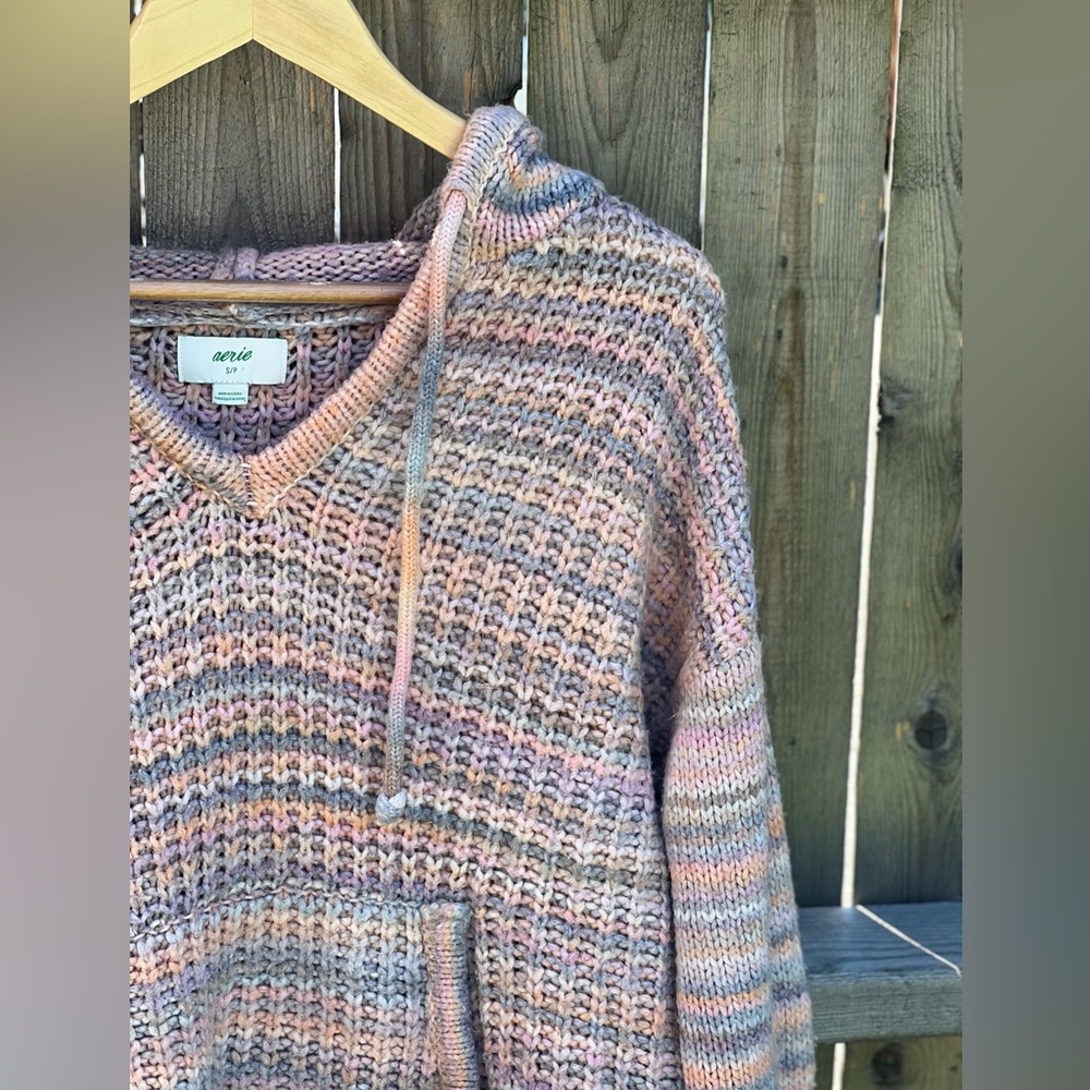 Aerie Street Comfy Chucky Knit Striped Pullover Hoodie Sweater - Picture 6 of 13